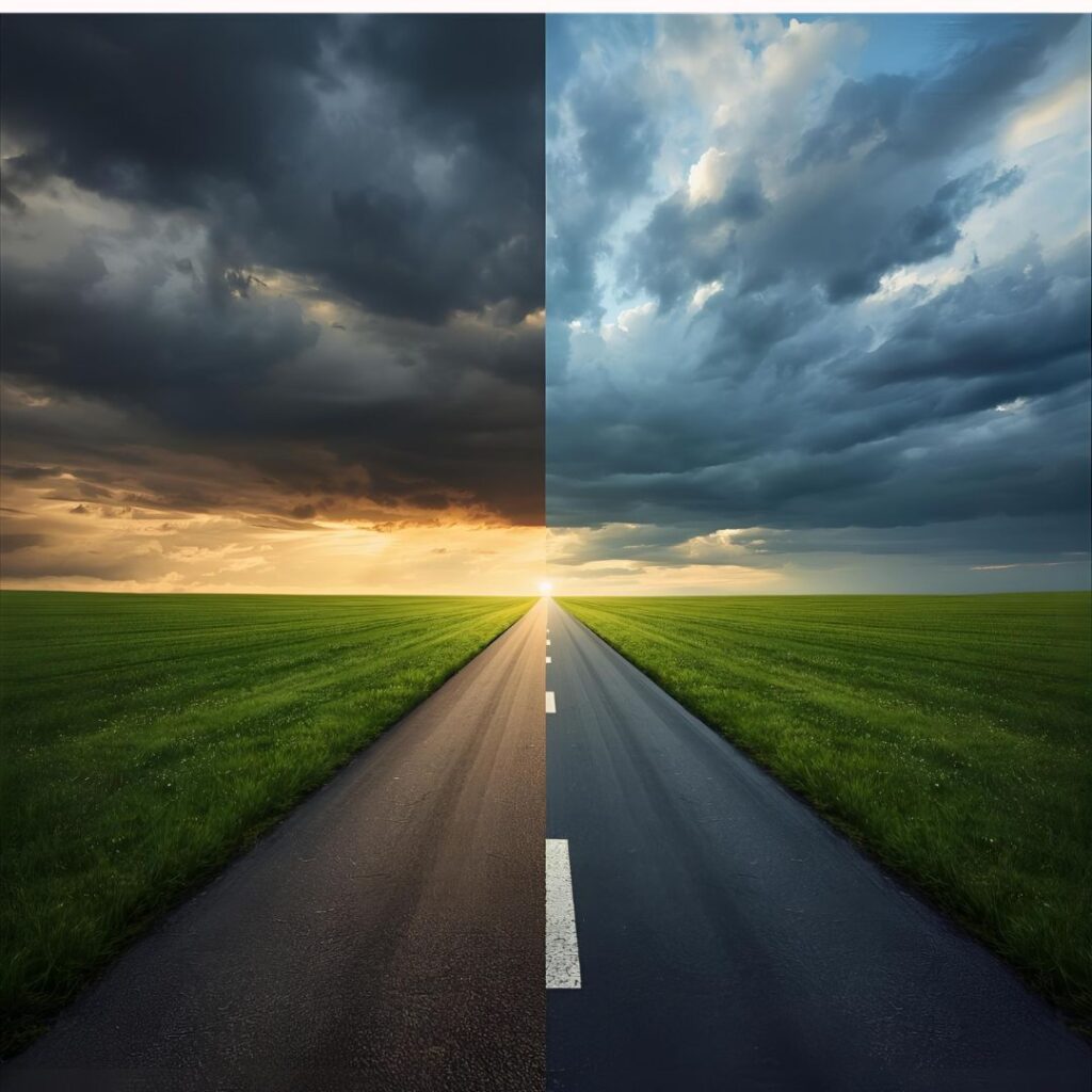 Camino dividido en dos: un lado con nubes oscuras (errores), otro con luz (claves)