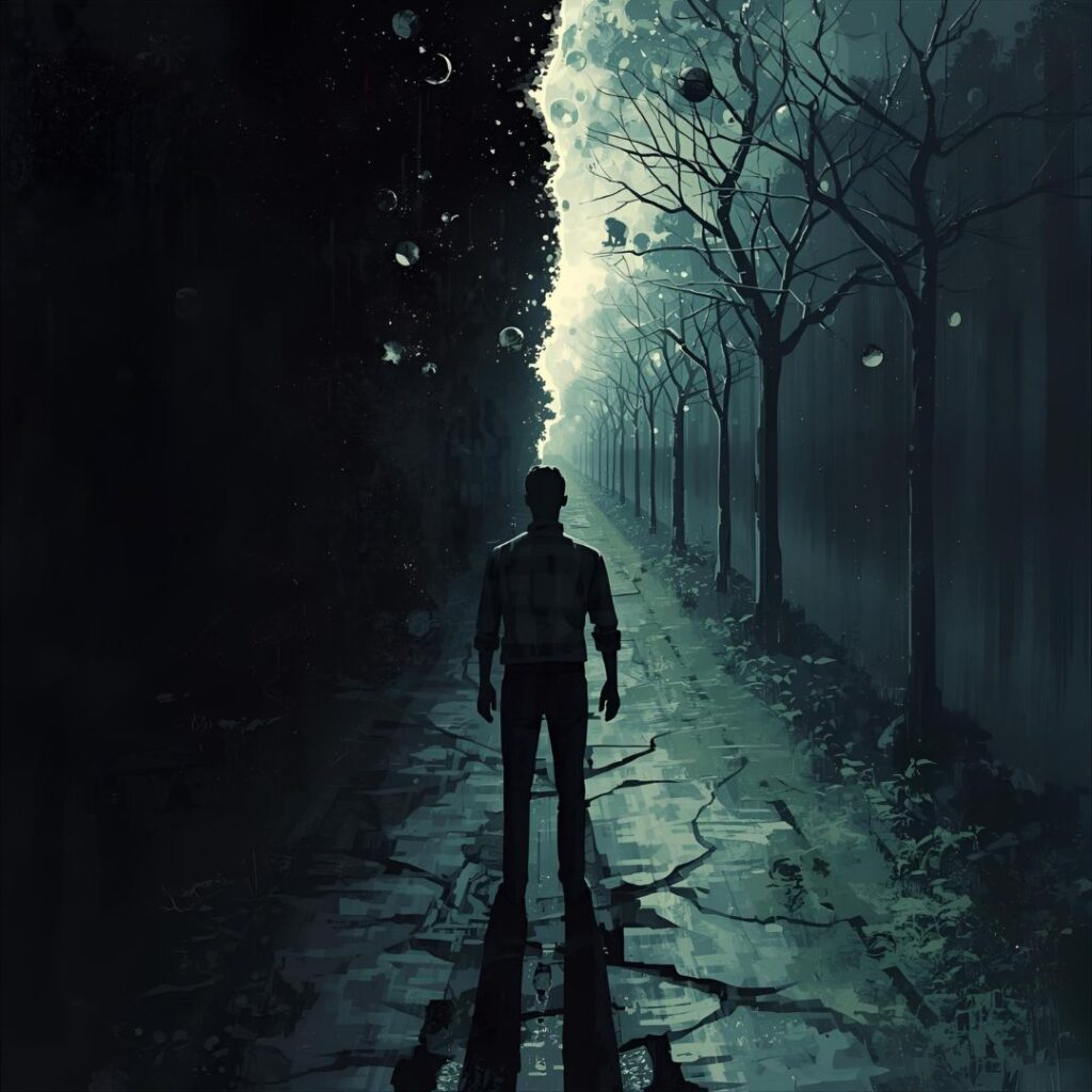 lustración realista minimalista de una persona frente a dos caminos: oscuridad y luz, representando errores y claves emocionales